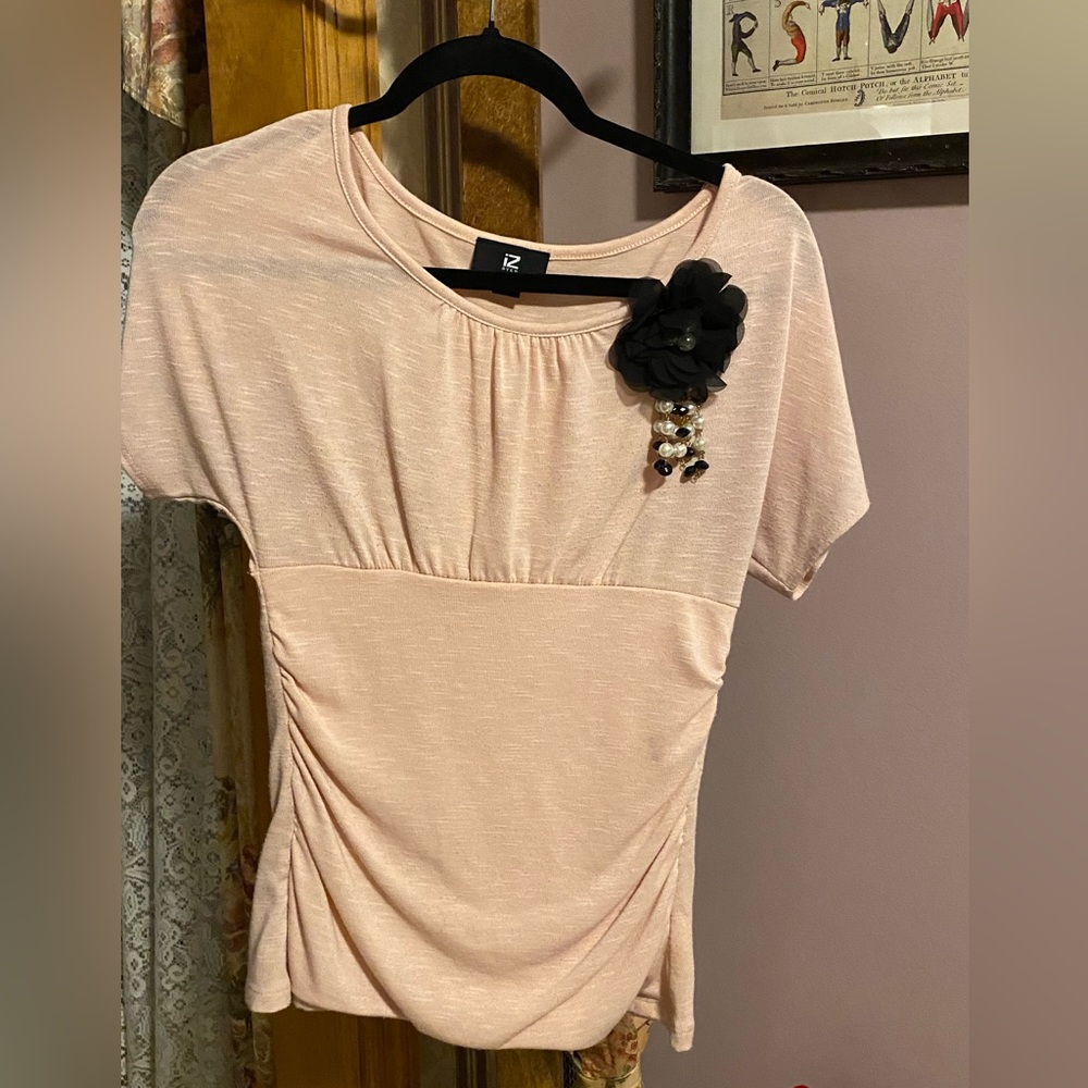 izBYER blouse pink with black flower with pearls/black gemstones size Medium